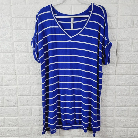 Zenana Premium Women's Striped Rolled Short Sleeve Top High-Low Hem Size XL - Picture 2 of 7